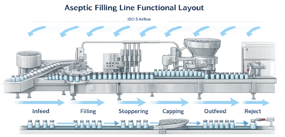 Functional layout diagram of an aseptic vial filling line showing infeed, filling station, stoppering system, capping station, outfeed conveyor, and integrated reject mechanism under ISO 5 airflow conditions.