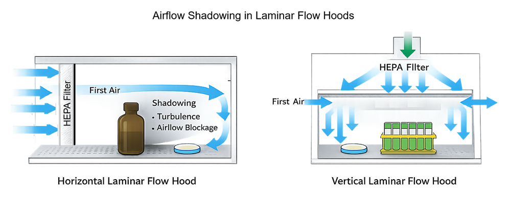 Diagram showing airflow shadowing behind objects in horizontal laminar flow hood and airflow disruption in vertical laminar flow hood.