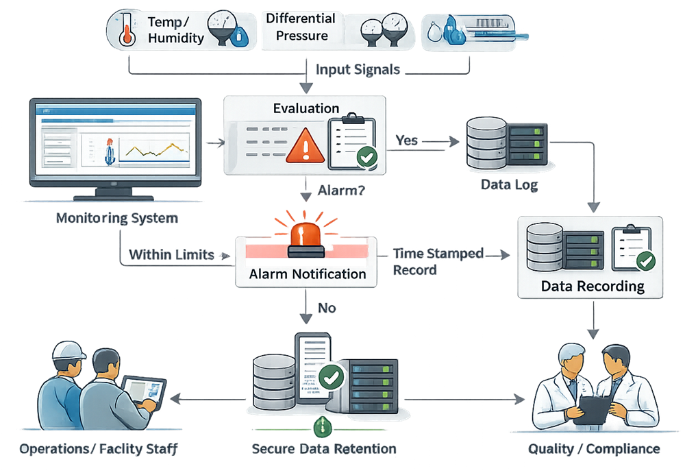 Simplified alarm and data flow showing sensor inputs, alarm evaluation, notifications, and data recording within a facility monitoring system.