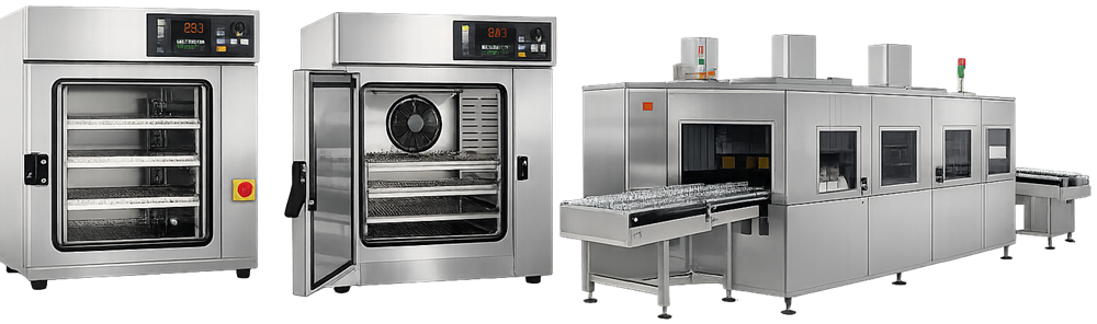 Static hot air oven, forced-air circulation oven, and continuous dry heat sterilization tunnel illustrating equipment-specific qualification considerations in pharmaceutical GMP environments.