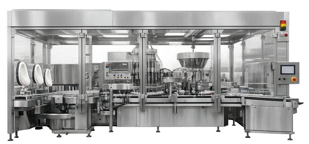Aseptic vial filling line installed within an ISO 5 isolator system showing integrated filling, stoppering, and capping stations in pharmaceutical cleanroom environment.