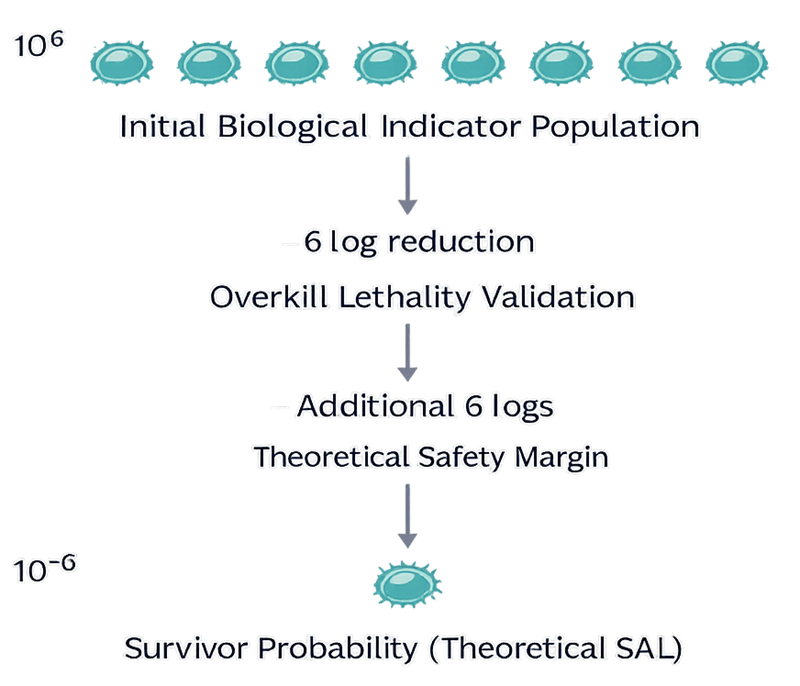 ALT Diagram illustrating the 12-log overkill sterilization validation concept, showing reduction of a 10⁶ biological indicator population to a theoretical survivor probability of 10⁻⁶.