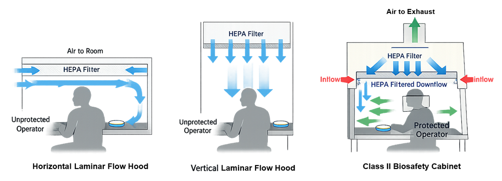 Comparison diagram showing airflow patterns in horizontal laminar flow hood, vertical laminar flow hood, and Class II biosafety cabinet with inflow, downflow, and HEPA-filtered exhaust.