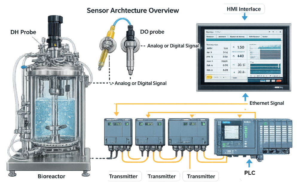 Block diagram showing bioreactor sensors connected to transmitters and PLC with signal flow to HMI interface.