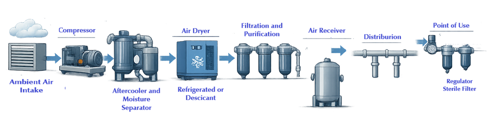 Overview diagram of a GMP compressed air system showing air intake, compression, drying, filtration, storage, distribution, and point-of-use controls.