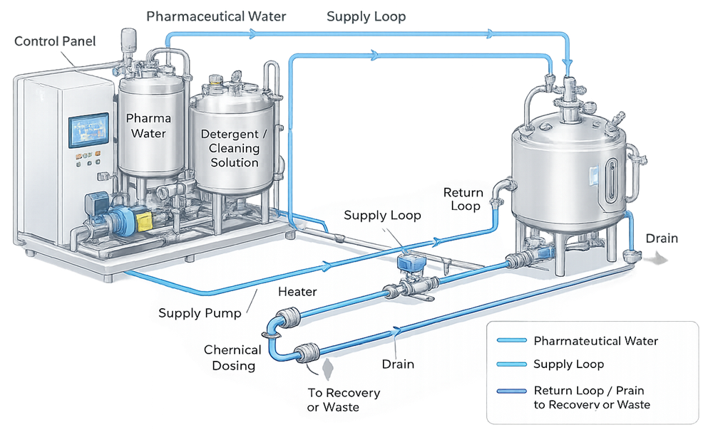 Typical Clean-in-Place utility system architecture showing CIP skid, supply and return loops, and interfaces to GMP process equipment.