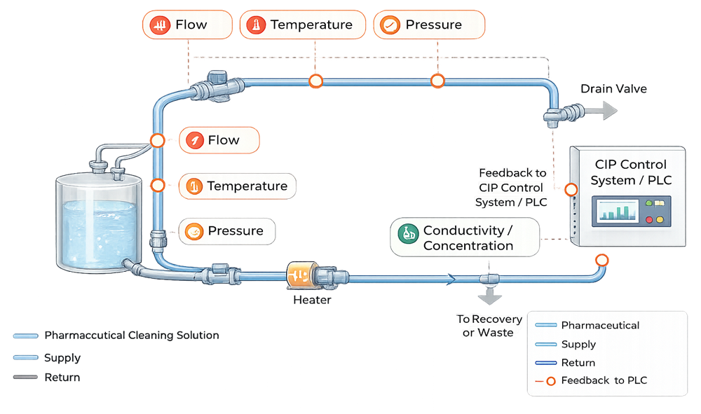 Clean-in-Place utility system critical parameters and control points including flow, temperature, pressure, and chemical concentration with feedback to the control system