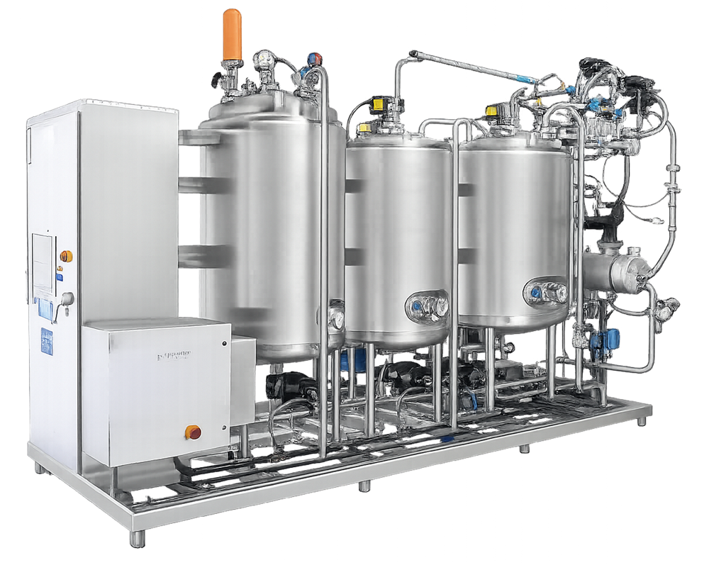 Stainless steel Clean-in-Place utility system skid with multiple CIP tanks, pumps, heat exchangers, instrumentation, and automated control cabinet