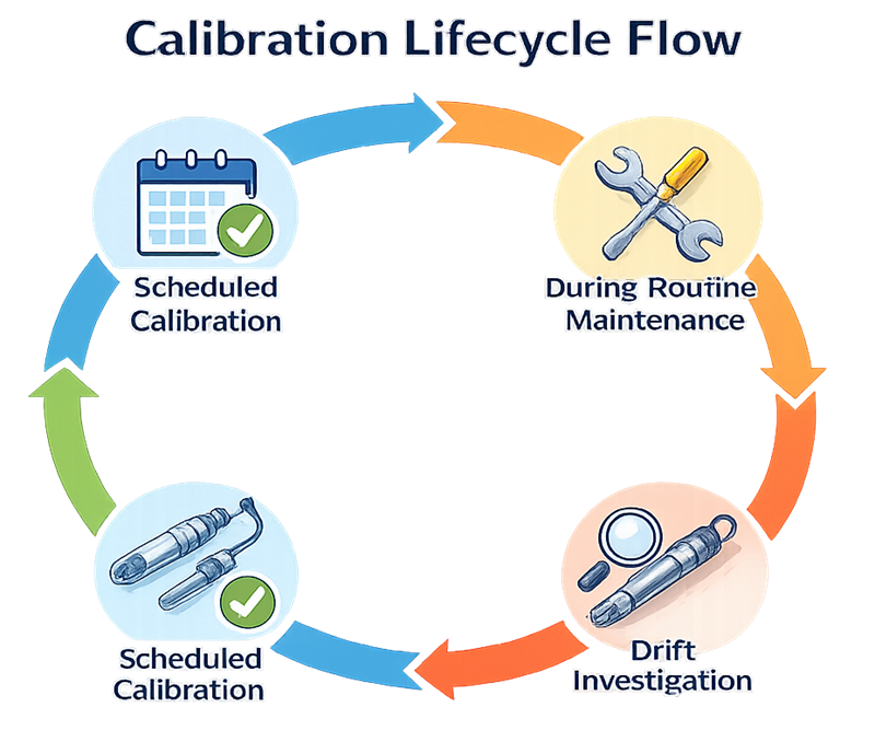 Flow diagram of bioreactor sensor calibration lifecycle including verification, adjustment, documentation, and return to service.