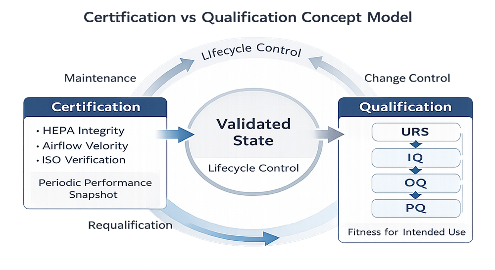 Concept diagram illustrating relationship between certification, qualification, and lifecycle control of biosafety cabinets and laminar flow hoods