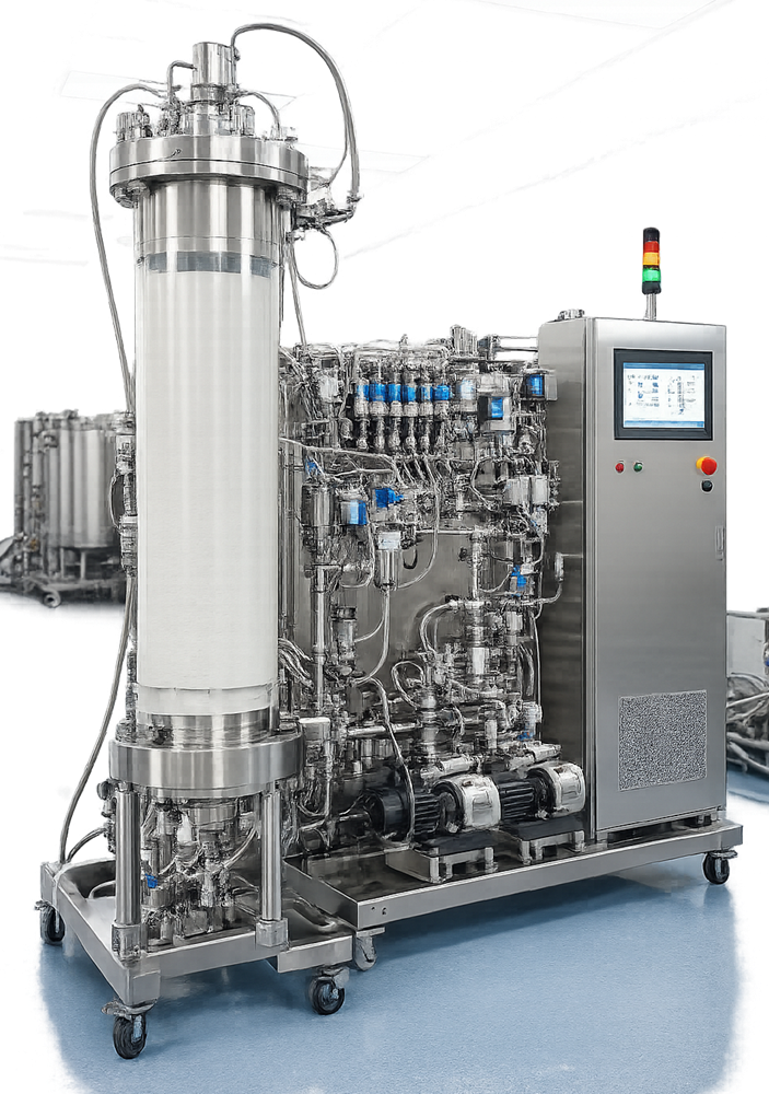 Photograph of a large-scale stainless steel chromatography column connected to a purification skid in a GMP biopharmaceutical facility.