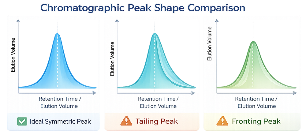 Graphical comparison of chromatographic peak shapes showing ideal symmetric peak, tailing peak, and fronting peak.