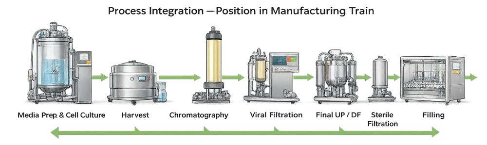 Process flow diagram showing chromatography skid positioned between upstream harvest clarification and downstream ultrafiltration or formulation systems in biopharmaceutical manufacturing.