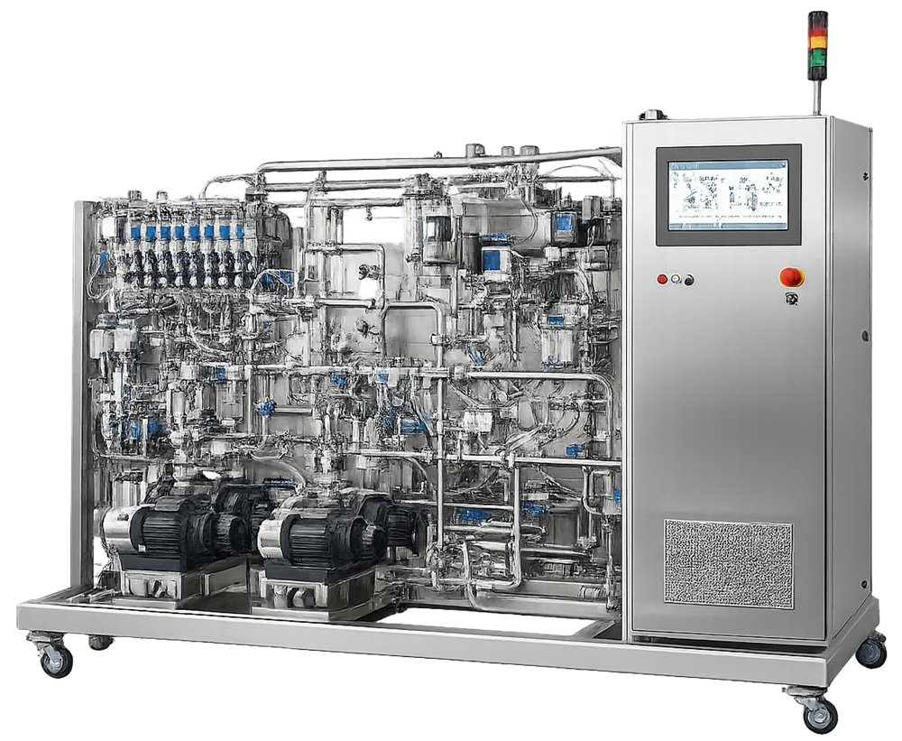 Photograph of a stainless steel GMP chromatography skid with pumps, automated valves, tubing, instrumentation, and control panel installed in a pharmaceutical manufacturing suite.