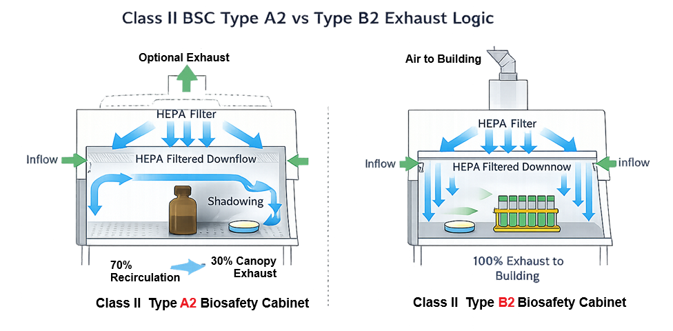Diagram comparing airflow recirculation in Class II Type A2 biosafety cabinet with total exhaust design of Type B2 cabinet.