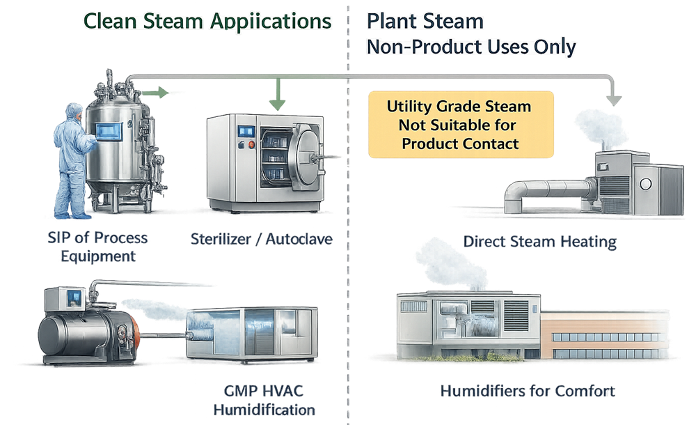 Application boundary illustration distinguishing clean steam uses from plant steam non-product applications in GMP facilities