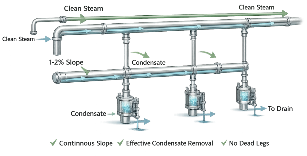 Conceptual illustration of clean steam distribution showing slope, condensate flow, and drainability principles