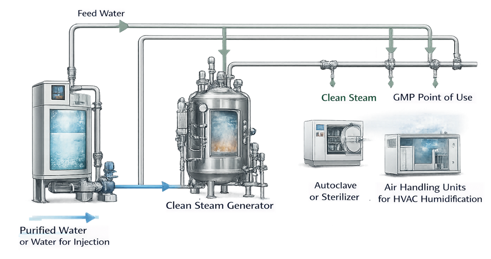 Clean steam generator and distribution overview illustrating feed water input, steam generation, and distribution to GMP points of use