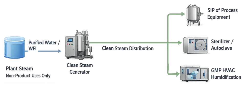 Clean steam system context diagram showing feed water source, steam generation, distribution, and typical GMP points of use