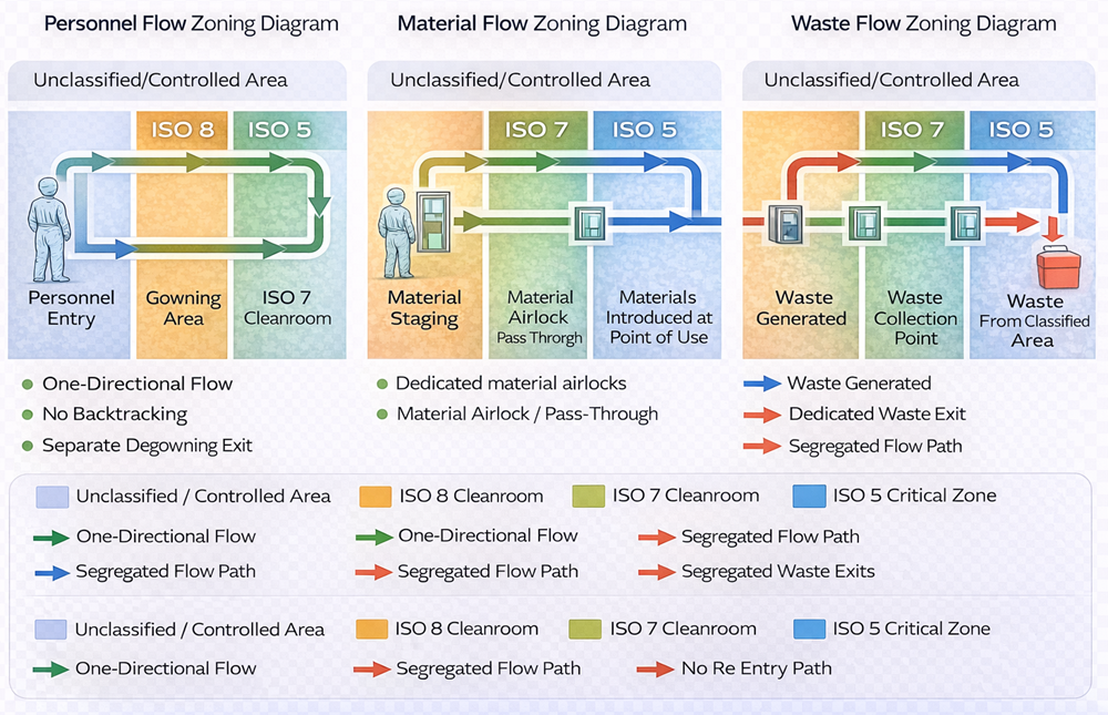Conceptual diagram illustrating segregation of personnel, material, and waste flows across unclassified, ISO 8, ISO 7, and ISO 5 cleanroom zones to support contamination control by design