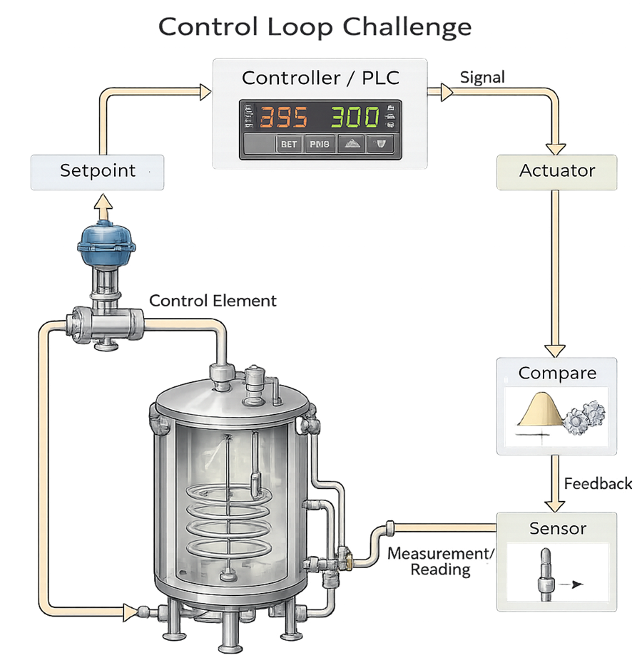 Diagram titled “Control Loop Challenge” showing a closed-loop bioreactor control system with setpoint, controller or PLC, actuator, process vessel, sensor measurement, comparison, and feedback loop used to verify control performance during qualification.