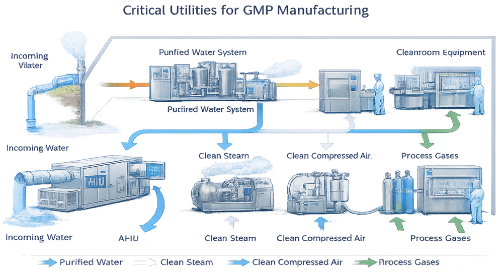 Critical utilities diagram illustrating the relationship between incoming water, purified water, clean steam, clean compressed air, process gases, and cleanroom equipment in a GMP manufacturing facility