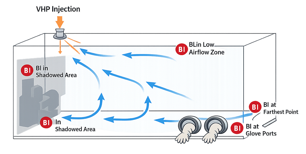 Schematic of barrier isolator showing VHP injection point, internal airflow patterns, shadowed zones, glove ports, and representative worst-case biological indicator placement locations.