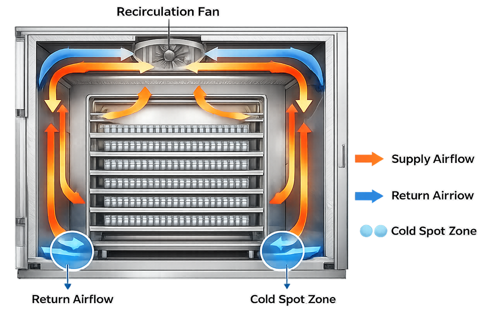 Cross-sectional schematic of static dry heat depyrogenation oven showing recirculation fan, supply and return airflow paths, load shelves, and potential cold spot zones.