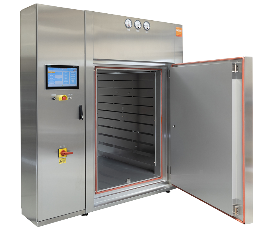 Stainless steel static dry heat depyrogenation oven with front-loading chamber and control panel, used for batch processing of pharmaceutical components.