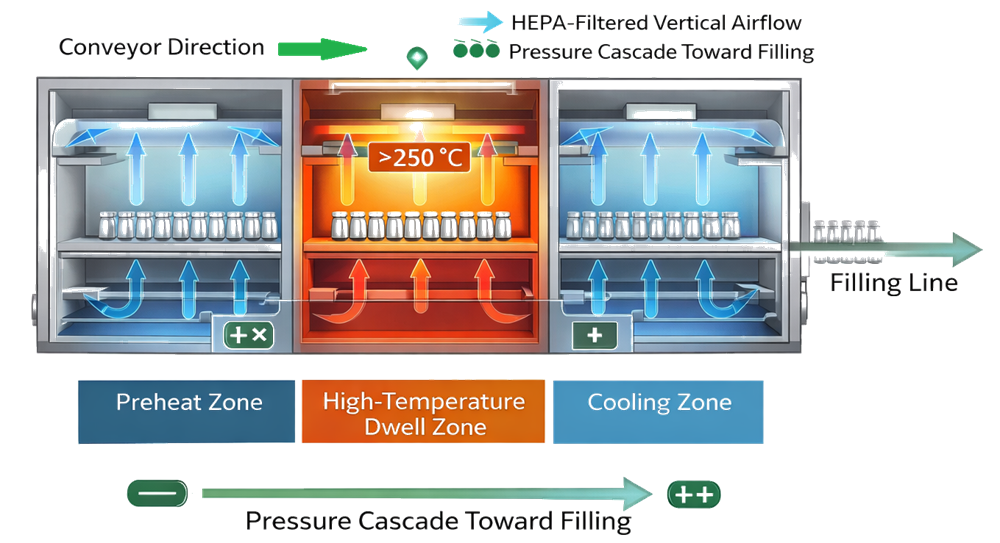 Cross-sectional schematic of continuous depyrogenation tunnel showing preheat, high-temperature dwell, and cooling zones with vertical HEPA-filtered airflow and pressure cascade toward filling area.