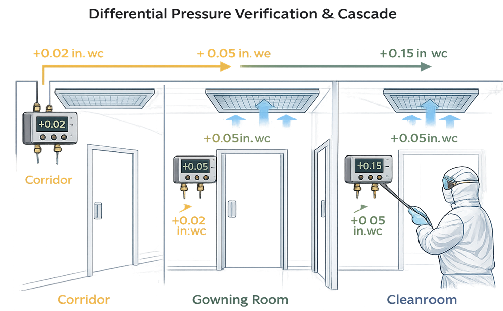 Differential pressure measurement across cleanroom boundaries to verify pressure cascade