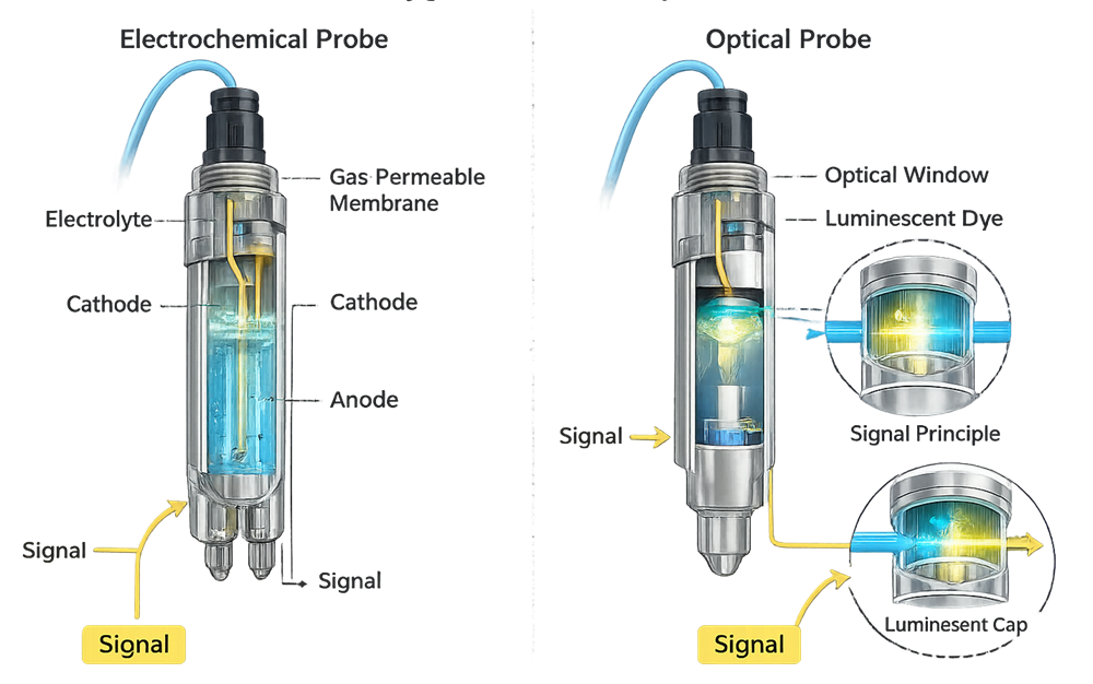 Comparison illustration of electrochemical and optical dissolved oxygen probes used in bioreactors.