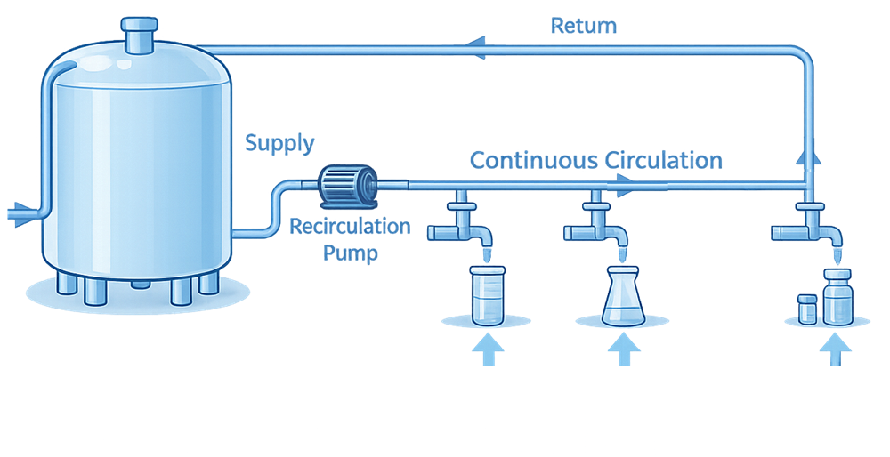 Conceptual diagram of a pharmaceutical water storage tank and continuously circulating distribution loop with a recirculation pump supplying multiple points of use and returning water to the tank.