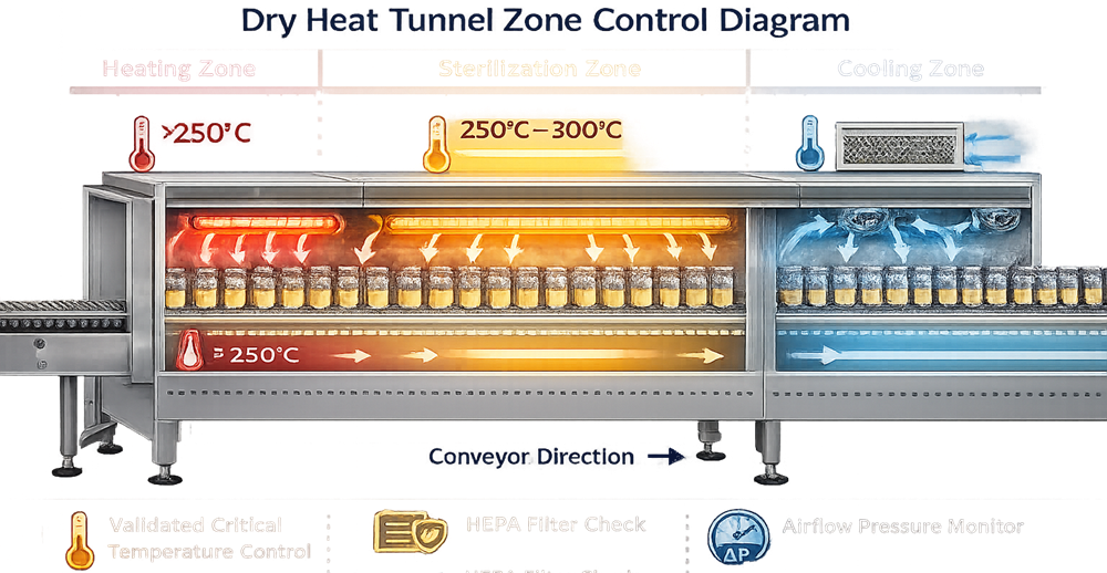 Dry heat sterilization tunnel zone control diagram showing heating, sterilization, and cooling zones with conveyor direction, temperature control points, and airflow monitoring.