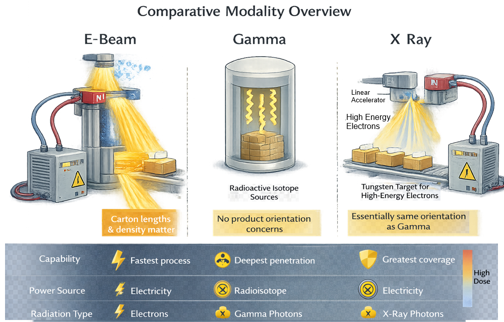 Comparison diagram of electron beam, gamma, and X-ray sterilization showing radiation type, penetration depth, energy source, and operational characteristics across the three industrial radiation modalities.