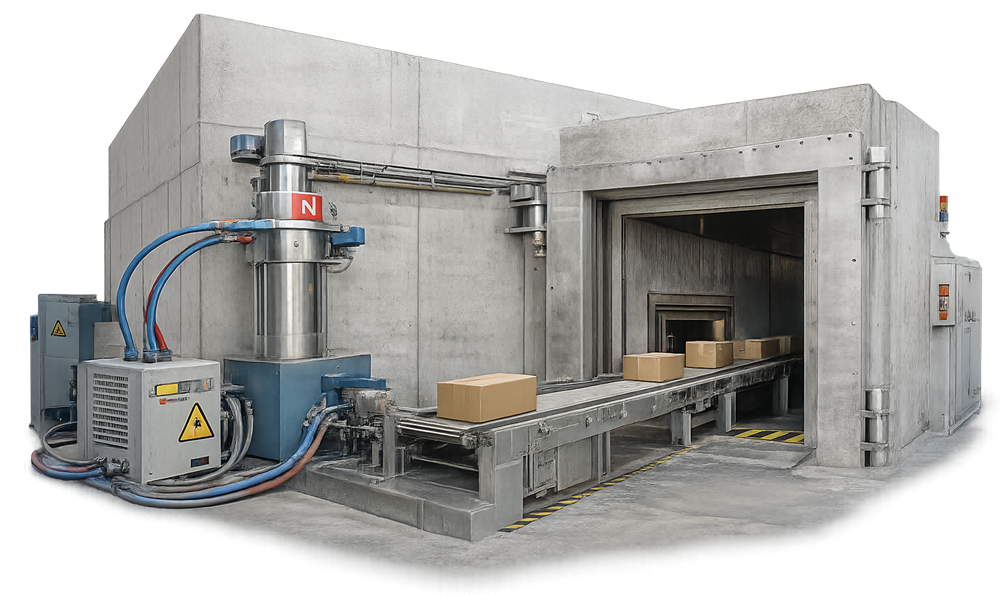 Vault-based electron beam sterilization system showing accelerator column, high-voltage power unit, shielded concrete irradiation vault, and conveyor transporting product cartons through a radiation-shielded tunnel.