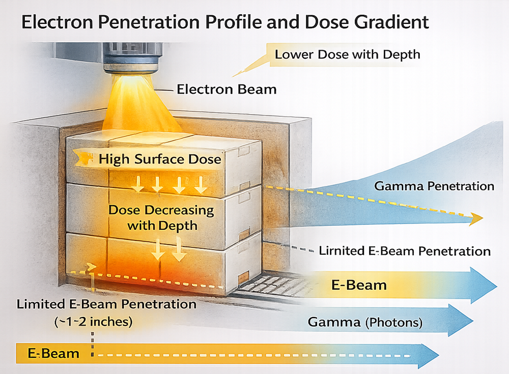 E-beam dose penetration diagram showing high surface dose, decreasing dose with depth, and limited penetration compared to photon radiation.