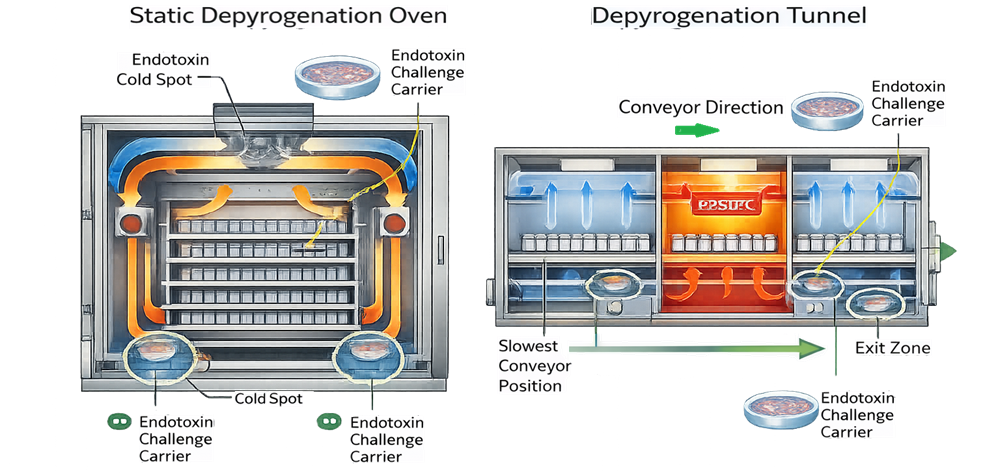 Cross-sectional schematic showing endotoxin challenge carriers placed at identified cold spots and high-density load areas in a static depyrogenation oven and at worst-case dwell and conveyor positions in a depyrogenation tunnel.