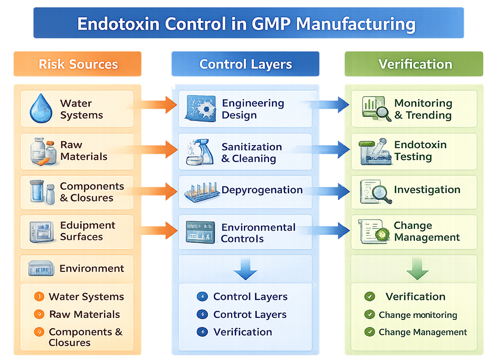 Three-column system diagram showing endotoxin risk sources such as water systems and raw materials, preventive control layers including engineering design and depyrogenation, and verification activities such as monitoring, testing, investigation, and change management in GMP manufacturing.