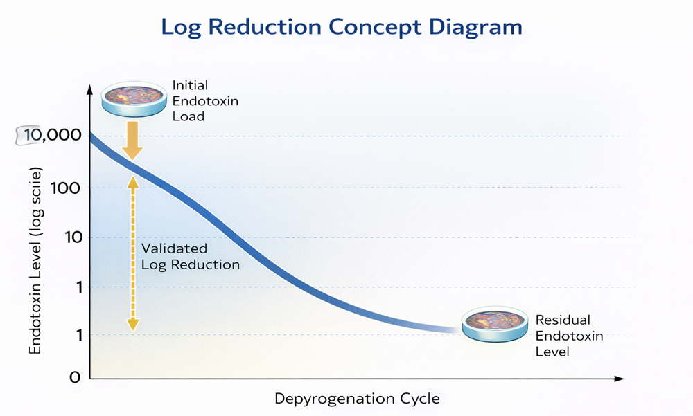 Graph illustrating logarithmic reduction of endotoxin level during a depyrogenation cycle, showing initial challenge load and residual endotoxin after validated log reduction.