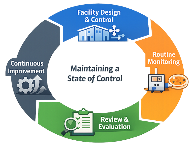 Lifecycle diagram illustrating environmental control, monitoring, review, and continuous maintenance of a state of control in GMP facilities