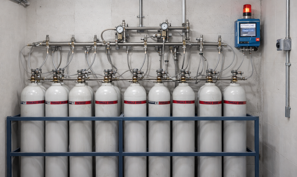 Industrial ethylene oxide cylinder storage manifold with multiple gas cylinders, pressure regulators, isolation valves, and safety controls in ventilated facility area.