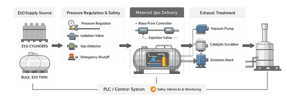 Engineering flow diagram of ethylene oxide supply and delivery system showing gas storage source, pressure regulation, metered injection into sterilizer chamber, and exhaust emission control system.