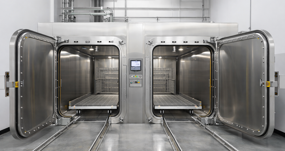 Large industrial double-door pass-through ethylene oxide sterilizer chamber with pallet rail system, pressure-rated doors, and integrated control panel in commercial sterilization facility.