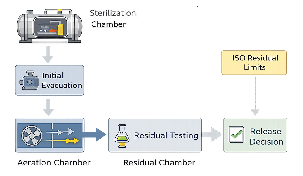 Diagram illustrating ethylene oxide residual reduction through evacuation, aeration, and residual testing prior to product release.