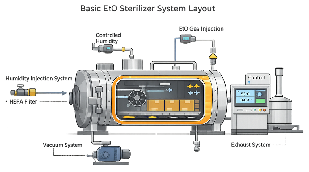 Cutaway diagram of ethylene oxide sterilizer showing pressure chamber, heating jacket, vacuum pump, gas injection system, humidification system, and exhaust handling components.