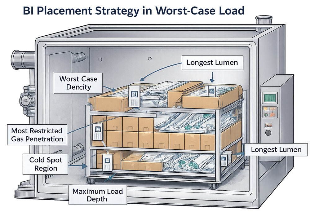 Diagram showing biological indicator placement inside worst-case pallet load within EtO sterilizer chamber, highlighting densest load area, longest lumen device, restricted packaging, and cold spot regions.