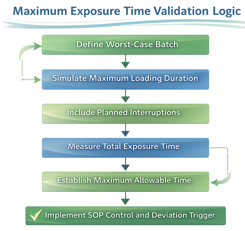 The diagram below illustrates the structured logic used to establish and control the maximum allowable exposure time during the lyophilization interface. Exposure limits must be derived from risk assessment, worst-case operational conditions, and validated simulation data rather than informal operational practice.