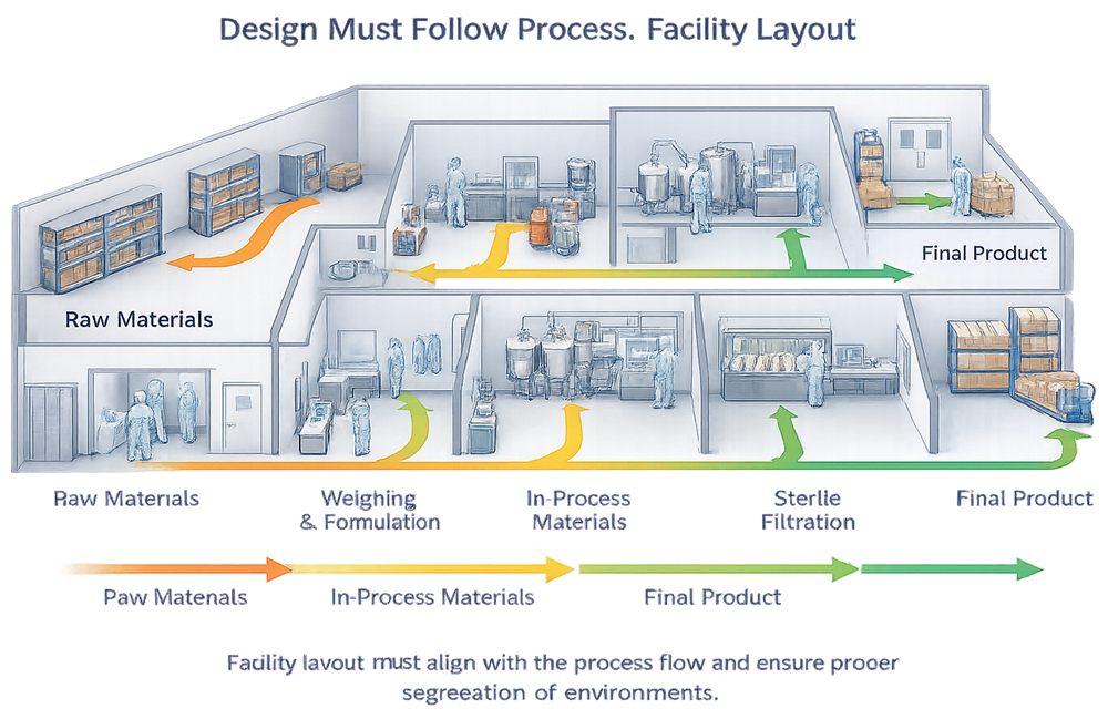 Facility layout diagram illustrating how room arrangement follows the manufacturing process flow from raw materials through processing to final product