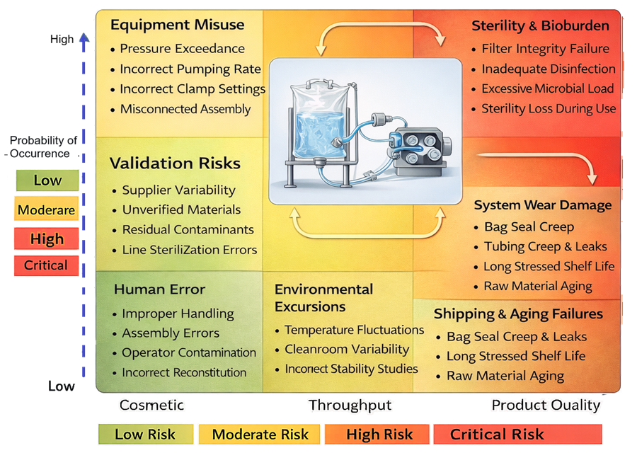 Risk map identifying potential failure points in single-use bag, tubing, filter, and connector assembly.